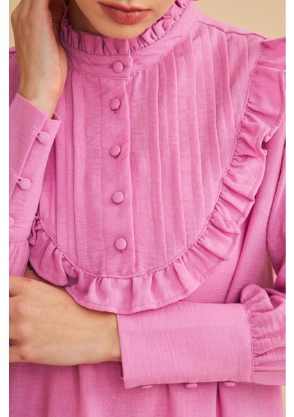 Jade Süs Dikişli ve Düğmeli Fırfır Yaka Keten Pembe Tunik Pantolon Takım fırsatları