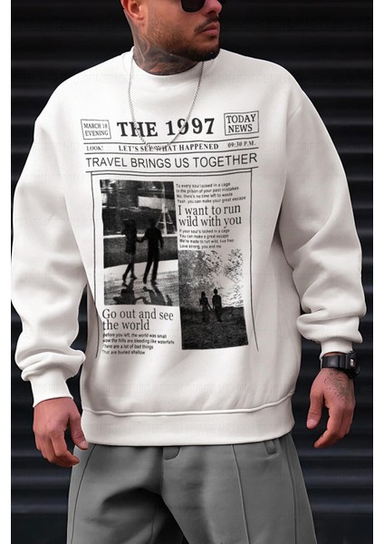 Erkek Kırık Beyaz Krem Ekru 1997 Baskılı 0 Sıfır Yaka Oversize Salaş Bol Kesim Polar Sweatshirt