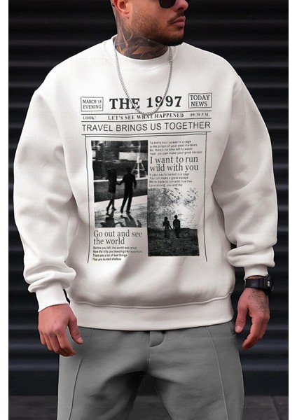 Erkek Kırık Beyaz Krem Ekru 1997 Baskılı 0 Sıfır Yaka Oversize Salaş Bol Kesim Polar Sweatshirt fiyatları
