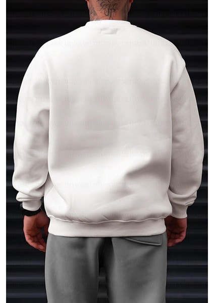 Erkek Kırık Beyaz Krem Ekru 1997 Baskılı 0 Sıfır Yaka Oversize Salaş Bol Kesim Polar Sweatshirt modelleri