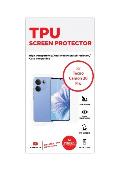 Tecno Camon 20 Pro Ön, Arka ve Yan 360 Derece Tam Kaplama Tpu Film