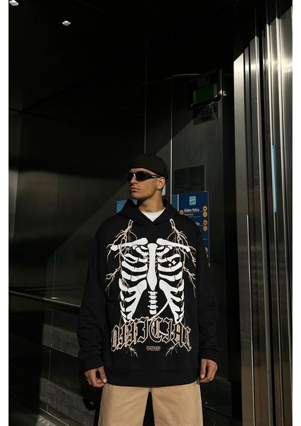 Rib Cage Baskılı Siyah Içi Pamuklu Oversize Hoodie