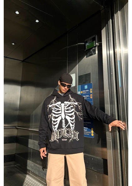 Rib Cage Baskılı Siyah Içi Pamuklu Oversize Hoodie