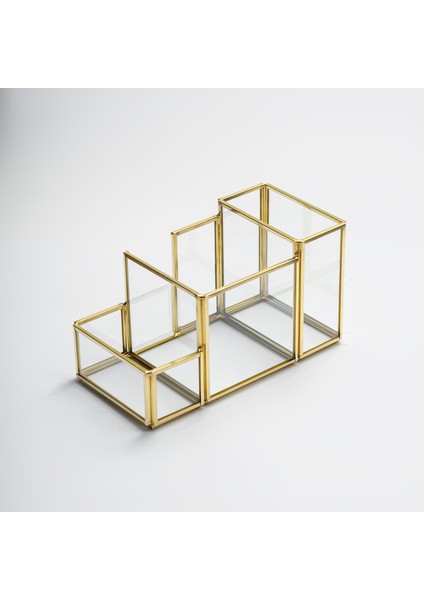 20x11x10cm Kalemlik Fırçalık Organizer Pirinç Gold Cam Ofis Dekoratif El Yapımı