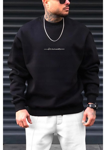 Erkek Siyah Dreamer Baskılı 0 Sıfır Yaka Oversize Salaş Bol Kesim Polar Sweatshirt