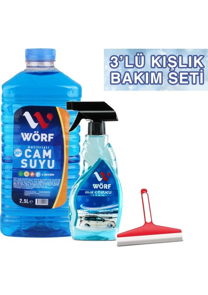 3'lü Kışlık Oto Bakım Seti 2,5 Lt. Cam Suyu & Buz Çözücü & Çekçek