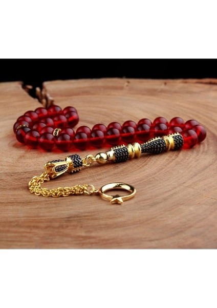 Zirkon Taşlı Altın Kaplama Püsküllü Ateş Kehribar Tesbih