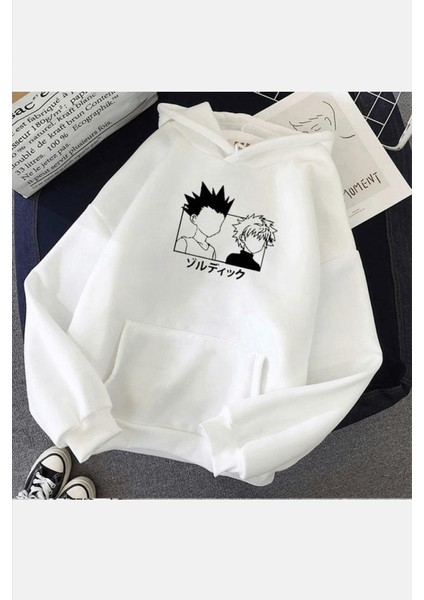 Hunter x Hunter Face Beyaz Kapşonlu Sweatshirt