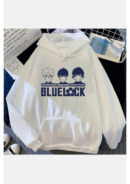 Blue Lock Face Beyaz Kapşonlu Sweatshirt