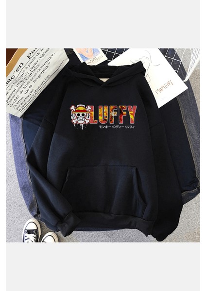 Luffy Yazılı Kapşonlu Sweatshirt