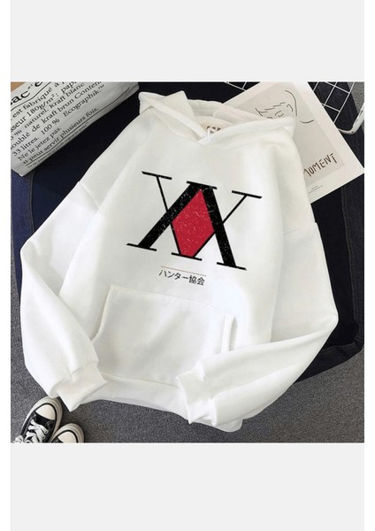 Hunter x Hunter Logo Beyaz Kapşonlu Sweatshirt