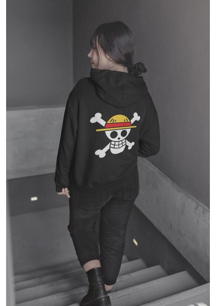 Anime One Piece Hasır Şapka Korsanları Ön - Arka Baskılı Kapşonlu Sweatshirt