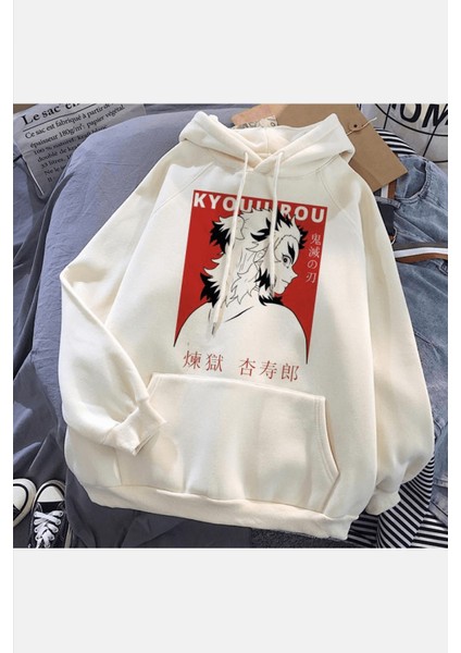 Rengoku Beyaz Kapşonlu Sweatshirt