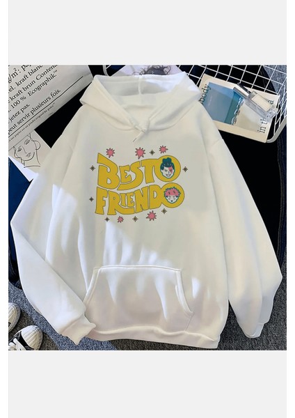 Jujutsu Kaisen Besto Friendo Beyaz Kapşonlu Sweatshirt