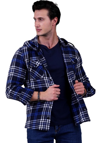 Mavi Beyaz Lacivert Ekoseli Kapüşonlu Çift Cep Yünlü Kışlık Oduncu Ceket Gömlek