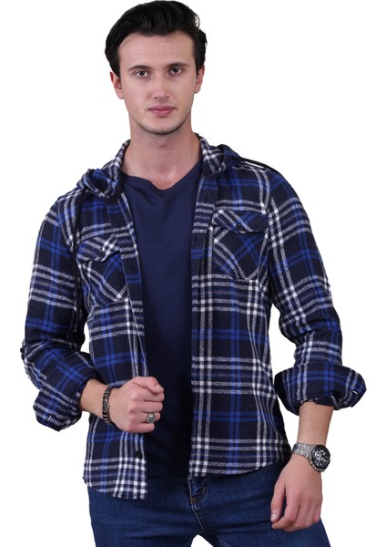 Mavi Beyaz Lacivert Ekoseli Kapüşonlu Çift Cep Yünlü Kışlık Oduncu Ceket Gömlek fiyatları