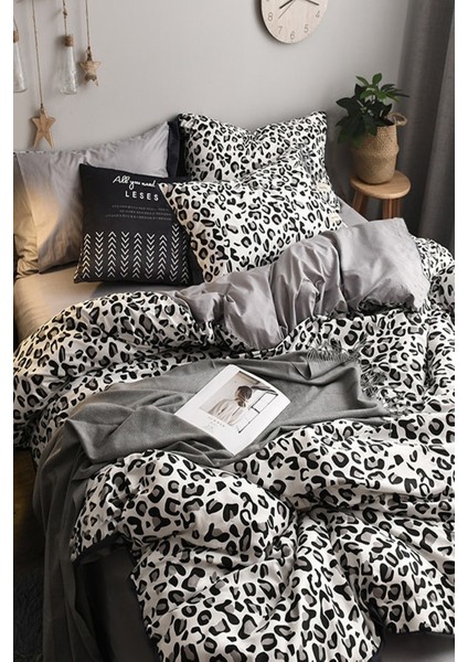 Lastikli Çarşaflı Nevresim Takımı Çift Kişilik Leopar Premium Cotton 64S