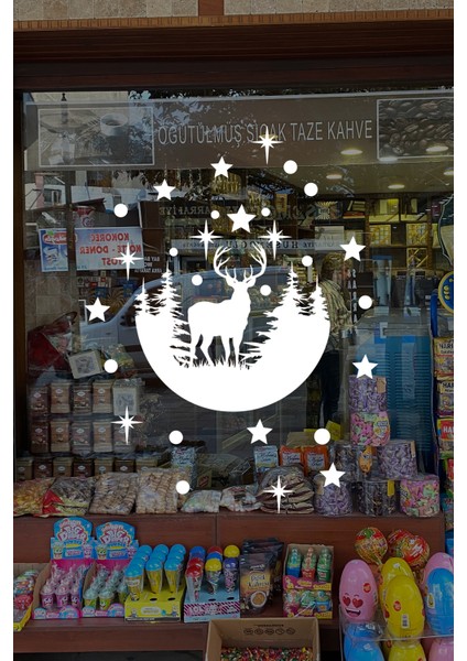 Büyük Ren Geyiği ve Parlak Yıldız ve Kar Taneleri Yeni Yıl Vitrin Stickerı modelleri