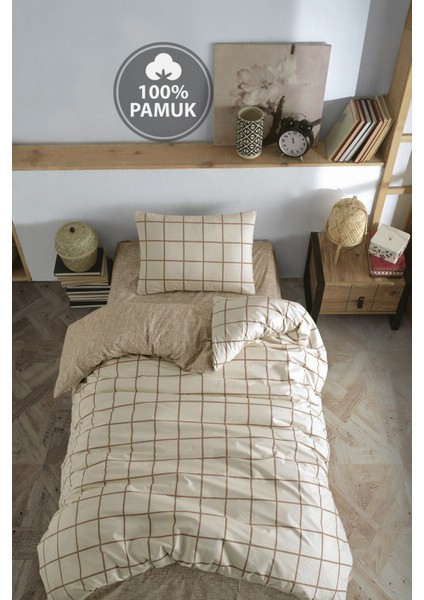 Ranforce Tek Kişilik Lastikli Çarşaflı Nevresim Takımı Kare Krem