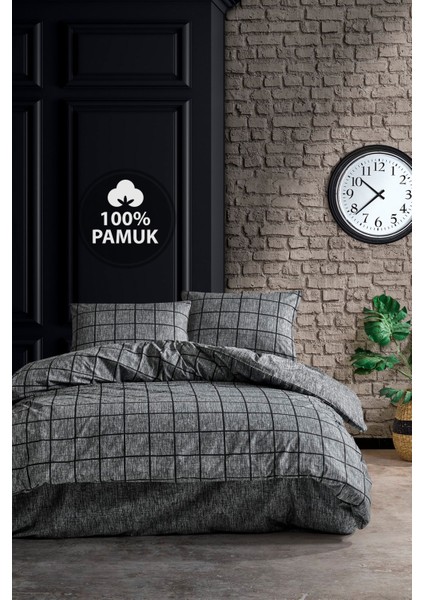 Ranforce Çift Kişilik Lastikli Çarşaflı Nevresim Takımı Kare Siyah