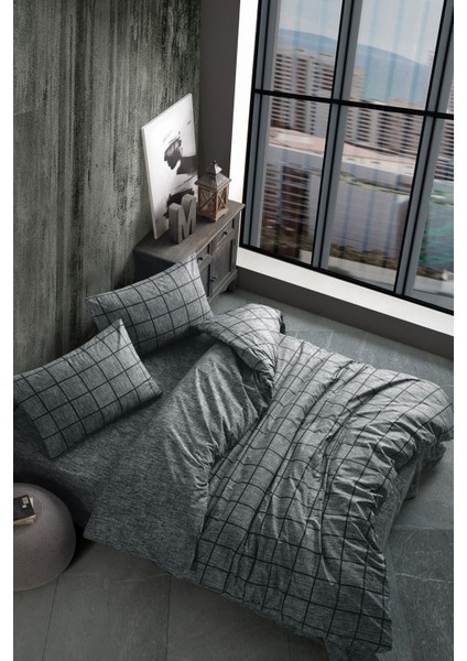 Ranforce Çift Kişilik Lastikli Çarşaflı Nevresim Takımı Kare Siyah fiyatları