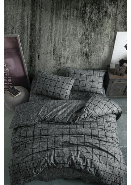 Ranforce Çift Kişilik Lastikli Çarşaflı Nevresim Takımı Kare Siyah modelleri