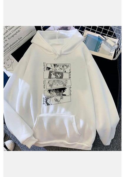 Jujutsu Kaisen Eyes Beyaz Kapşonlu Sweatshirt