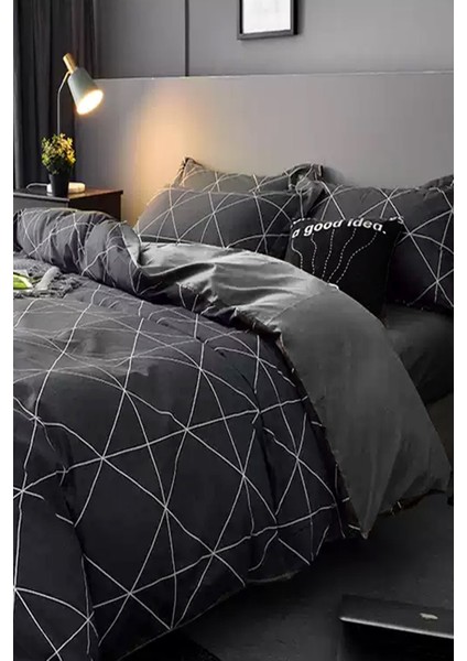 Lastikli Çarşaflı Nevresim Takımı Çift Kişilik Geometric Gri