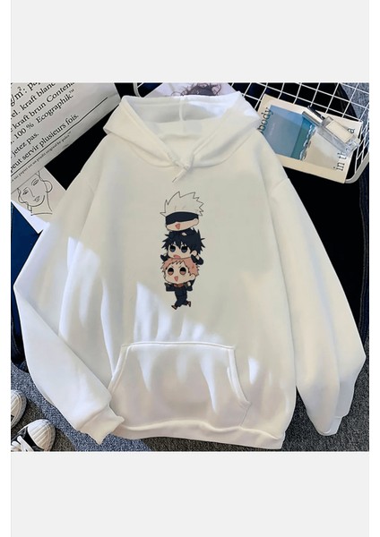 Jujutsu Kaisen Chibi Beyaz Kapşonlu Sweatshirt