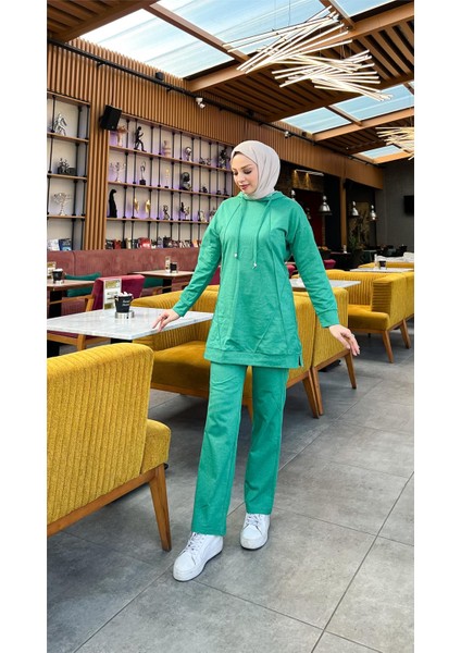 Kapşonlu O Yaka Sade Basic Ikili Eşofman Spor Takımı - 3039 - Benetton Yeşil