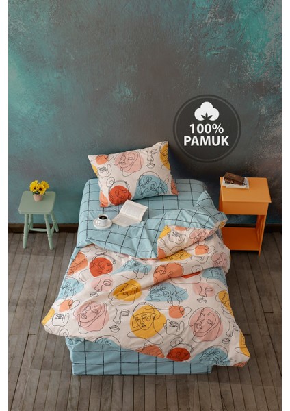 Ranforce Tek Kişilik Lastikli Çarşaflı Nevresim Takımı Modern Mint