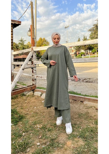 O Yaka Uzun Geniş Rahat Tunik Sade Basic Ikili Spor Takımı - 3040 - Haki