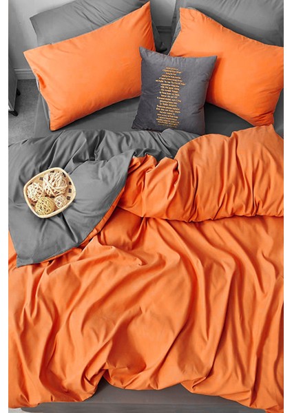 Lastikli Çarşaflı Nevresim Takımı Çift Kişilik Orange Turuncu Gri