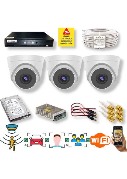 3 Kameralı Set - Yüz Insan Araç Tanımalı Hareket Algılayan 1080P 5 Mp Sony Lens 6 Smart LED Dome Fullhd Iç Mekan Güvenlik Kamerası Seti D206SL