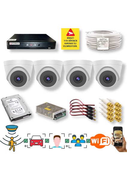 Qromax 4 Kameralı Set - Yüz Insan Araç Tanımalı Hareket Algılayan 1080P 5 Mp Sony Lens 6 Smart LED Dome Fullhd Iç Mekan Güvenlik Kamerası Seti D206SL