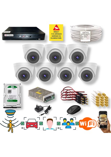 7 Kameralı Set - Yüz Insan Araç Tanımalı Hareket Algılayan 1080P 5 Mp Sony Lens 6 Smart LED Dome Fullhd Iç Mekan Güvenlik Kamerası Seti D206SL