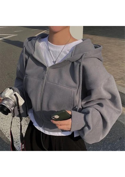 Füme Crop Top Kalın Kumaş Fermuarlı Kapüşonlu