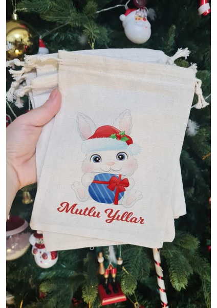 Yılbaşı Şapkalı Tavşan Tasarımlı Yılbaşı Hediye Kesesi 10LU