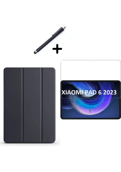 Xiaomi Mi Pad 6 11 Inç Uyumlu Uyku Modlu Smart Tablet Kılıfı Ekran Koruyucu ve Kalem Seti Siyah