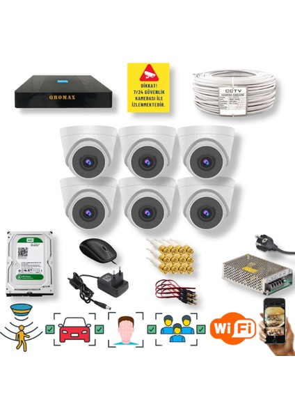 6 Kameralı Set - Yüz Insan Araç Tanımalı Hareket Algılayan 1080P 5 Mp Sony Lens 6 Smart LED Dome Fullhd Iç Mekan Güvenlik Kamerası Seti D206SL-1