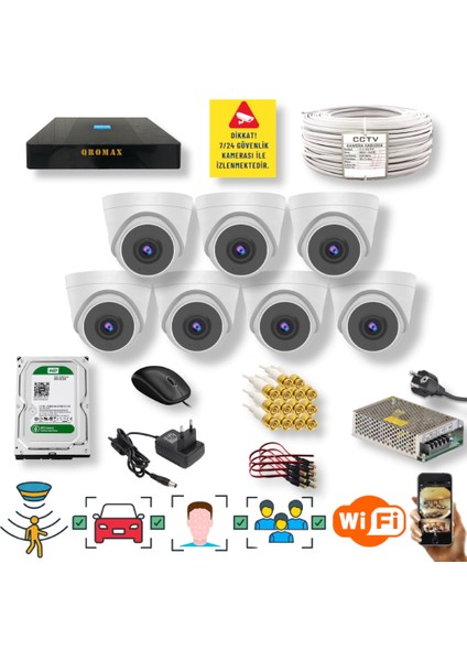 7 Kameralı Set - Yüz Insan Araç Tanımalı Hareket Algılayan 1080P 5 Mp Sony Lens 6 Smart LED Dome Fullhd Iç Mekan Güvenlik Kamerası Seti D206SL-1