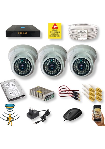 3 Kameralı Set - Hareket Algılayan Gece Görüşlü 36 Ir LED 5mp Sony Lensli 1080P Full Hd Dome Iç Mekan Güvenlik Kamerası Seti D136B