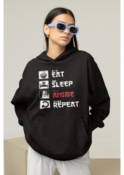 Anime Eat Sleep Anime Kapşonlu Sweatshirt