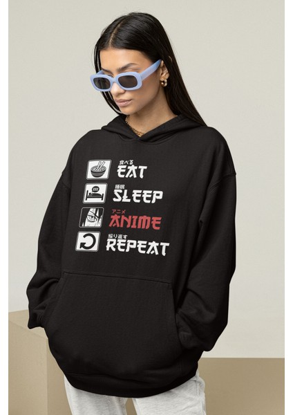 Anime Eat Sleep Anime Kapşonlu Sweatshirt