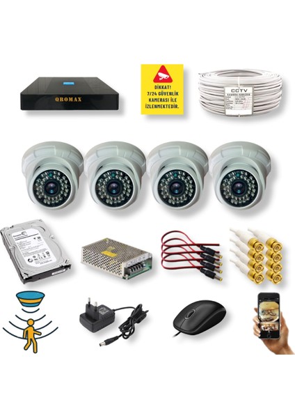 4 Kameralı Set - Hareket Algılayan Gece Görüşlü 36 Ir LED 5mp Sony Lensli 1080P Full Hd Dome Iç Mekan Güvenlik Kamerası Seti D136B