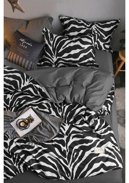 Lastikli Çarşaflı Nevresim Takımı Çift Kişilik Zebra Siyah