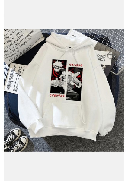 Naruto And Sasuke Beyaz Kapşonlu Sweatshirt