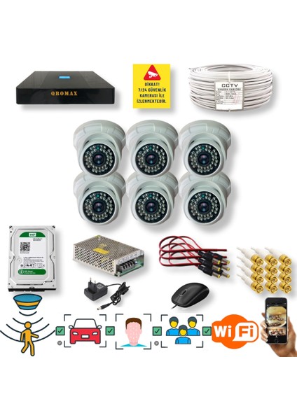 6 Kameralı Set - Insan Yüz Tanımalı Hareket Algılayan Gece Görüşlü 36 Ir LED 5mp Sony Lensli 1080P Full Hd Dome Iç Mekan Güvenlik Kamerası Seti D136B