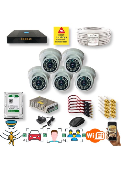 5 Kameralı Set - Insan Yüz Tanımalı Hareket Algılayan Gece Görüşlü 36 Ir LED 5mp Sony Lensli 1080P Full Hd Dome Iç Mekan Güvenlik Kamerası Seti D136B