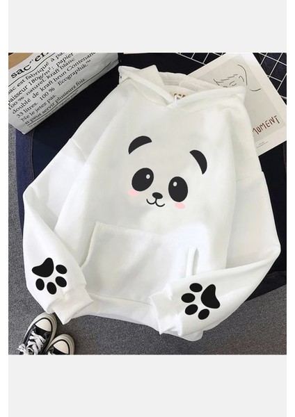 Sevimli Panda Kol Detaylı Beyaz Kapşonlu Sweatshirt